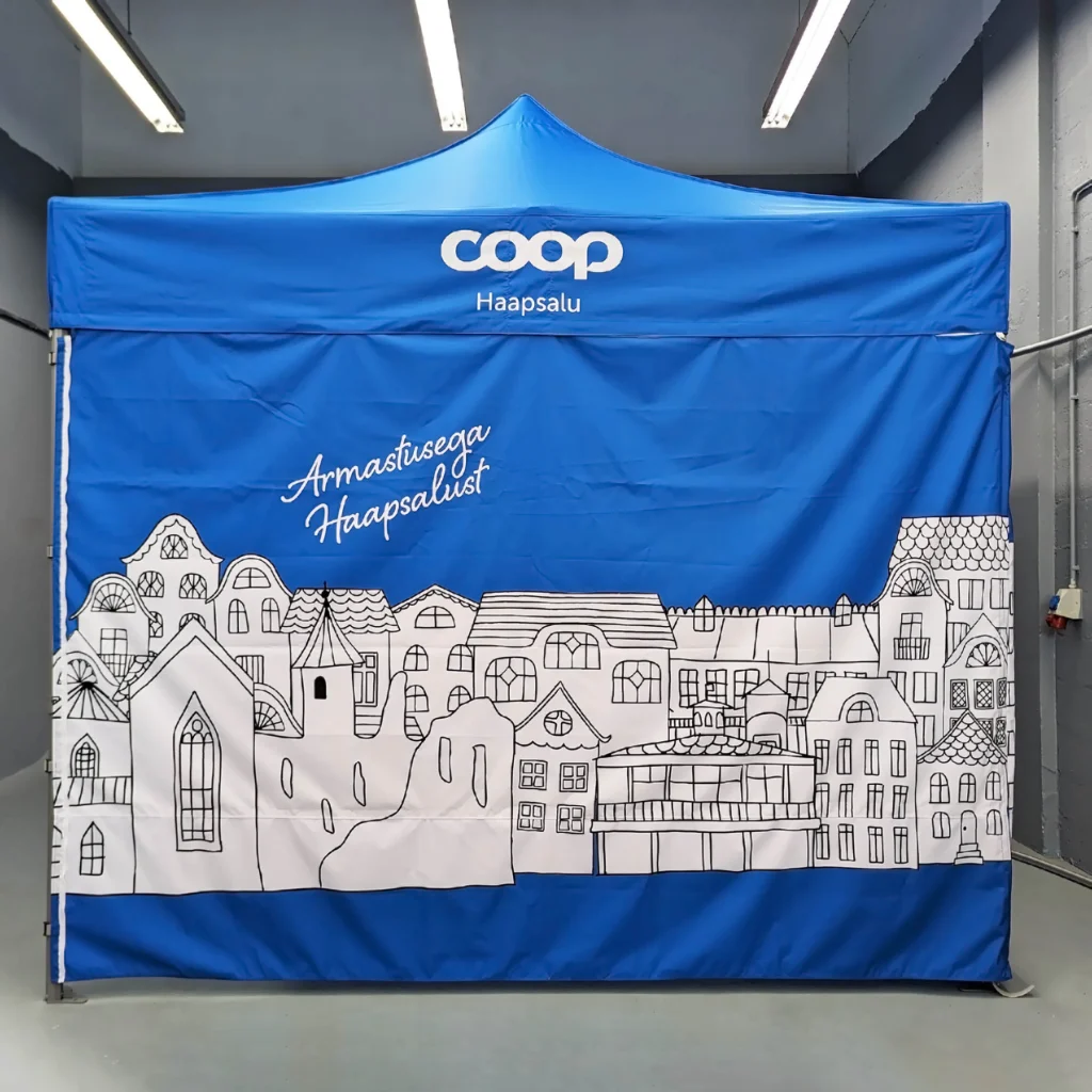 Yritysilmeellä painettu pop up -teltta